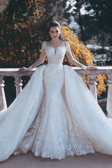 Long Sleeve Lace Appliques Mermaid Wedding Dress Overskirt Long Train Bride Dress WE0199