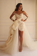 Long Sleeve Lace Short Bridal Gown with Detachable Train New Arrival Beach Wedding Dress