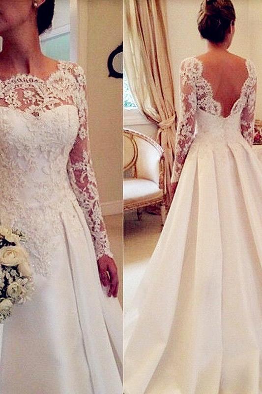 Long Sleeve Lace Wedding Dresses Open Back Satin Elegant A Line Bridal Gowns