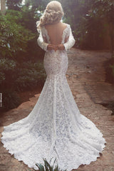 Long Sleeve Mermaid Lace Beach Wedding Dress Sexy Open Back V-neck Classic Bridal Gown