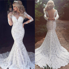 Long Sleeve Mermaid Lace Beach Wedding Dress Sexy Open Back V-neck Classic Bridal Gown