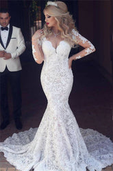 Long Sleeve Mermaid Lace Beach Wedding Dress Sexy Open Back V-neck Classic Bridal Gown