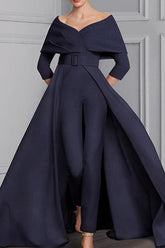 Long Sleeve Scoop Neck Pantsuit for the Mother of the Bride Featuring a Belt