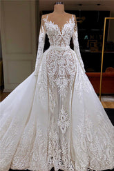 Long Sleeve See Through Tulle Wedding Dresses | Overskirt Lace Bridal Gowns