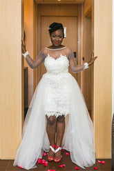 Long Sleeve Sheer Tulle Wedding Dresses Lace Open Back Overskirt Bridal Gowns