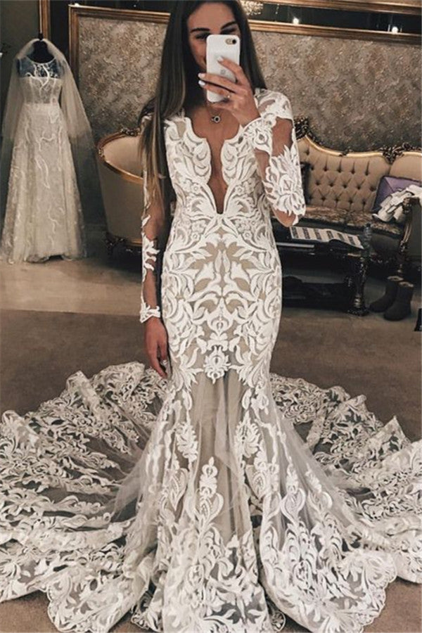 Suzhoufashion Long Sleeve Unique Lace Beach Wedding Dresses | Mermaid Lace Long Train Bridal Gown suzhoufashion Suzhoufashion Long Sleeve Unique Lace Beach Wedding Dresses | Mermaid Lace Long Train Bridal Gown suzhoufashion