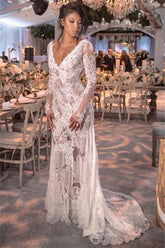 Long Sleeve V-neck Lace Beach Wedding Dresses | Open Back See Through Bridal Gown BC0249
