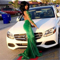Long Sleeve Velvet Green Evening Gown Sexy Court Train Prom Party Dress DN011