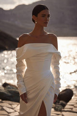 Long Sleeve Wedding Dress Solid Satin Off The Shoulder Bridal Gown With Split