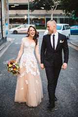 Long Sleeve White Lace Champagne Evening Dress Floor Length Destination Beach Wedding Dress BA6642