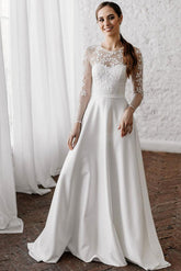 Long Sleeves Appliques Satin White Lace Wedding Dresses Long