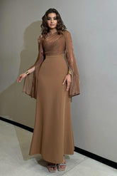 Long Sleeves Jewel High Waist Long Evening Formal Dress With Ruffled