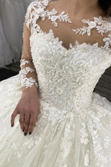 Long Sleeves Lace Appliques Tulle Wedding Gown White Garden Aline Spring Bridal Gown
