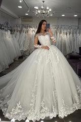Long Sleeves Lace Appliques Tulle Wedding Gown White Garden Aline Spring Bridal Gown