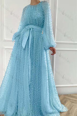 Long Sleeves Long Jewel Neck Evening Formal Dress With Pleated Beading