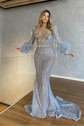 Long Sleeves Mermaid Beaded Tassels Long Evening Formal Dress With Feathers