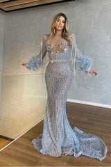 Long Sleeves Mermaid Beaded Tassels Long Evening Formal Dress With Feathers