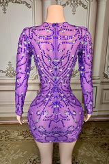 Long Sleeves Mini Homecoming Dresses Purple Bodycon Party Cocktail Dresses