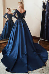 Long Sleeves Off the Shoulder Beadings Evening Formal Dress Navy Lace With Appliques