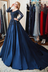 Long Sleeves Off the Shoulder Beadings Evening Formal Dress Navy Lace With Appliques
