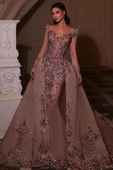 Long Sleeves Prom Dress V Neck Beaded Tulle Formal Dress With Detachable Panel Train