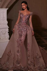 Long Sleeves Prom Dress V Neck Beaded Tulle Formal Dress With Detachable Panel Train