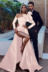 Long Sleeves Strapless Bowknot Burgundy Sequined Mermaid Evening Formal Dress With Split