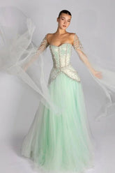 Long Sleeves Sweetheart Long A Line Evening Formal Dress With Pleated Beading