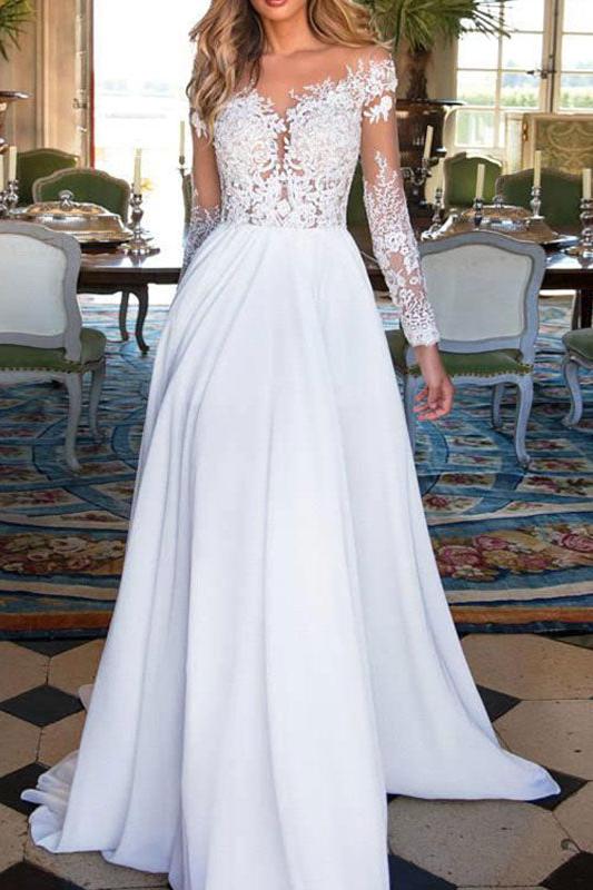 Long Sleeves V Neck Lace Appliques Chiffon Wedding Dresses Long