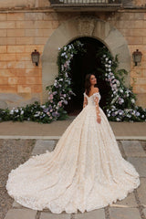 Long Sleeves Wedding Dress Off the Shoulder Ball Gown Ivory Formal Dress with 3D Flowers