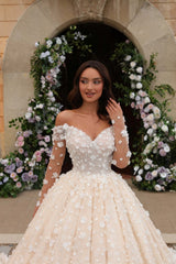 Long Sleeves Wedding Dress Off the Shoulder Ball Gown Ivory Formal Dress with 3D Flowers