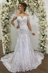 Long Sleeves White Lace Appliques Mermaid Wedding Dresses