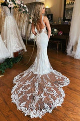 Long V Neck Beach Wedding Dress Mermaid Sleeveless Bridal Gown With Lace