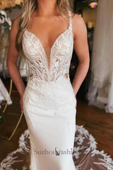 Long V Neck Beach Wedding Dress Mermaid Sleeveless Bridal Gown With Lace