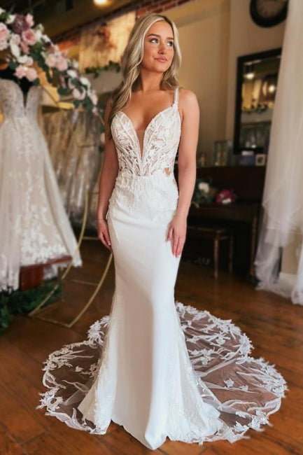 Long V Neck Beach Wedding Dress Mermaid Sleeveless Bridal Gown With Lace
