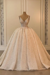 Long Wedding Dress A Line V Neck Sleeveless Princess Glitter Bridal Gown With Lace