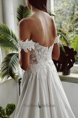 Long White Beach Wedding Dress A Line Off The Shoulder Bridal Gown With Slit