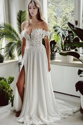 Long White Beach Wedding Dress A Line Off The Shoulder Bridal Gown With Slit