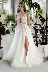 Long White Beach Wedding Dress A Line V Neck Lace Glitter Backless Bridal Gown With Slit