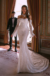Long White Beach Wedding Dress Mermaid Off The Shoulder Beaded Lace Bridal Gown With Long Sleeves