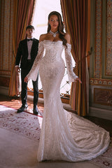 Long White Beach Wedding Dress Mermaid Off The Shoulder Beaded Lace Bridal Gown With Long Sleeves