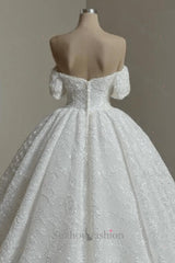 Long White Wedding Dress A Line Off The Shoulder Lace Bridal Gown With Pearls
