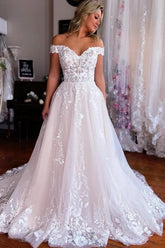 Long White Wedding Dress A Line Off The Shoulder Sleeveless Bridal Gown With Lace