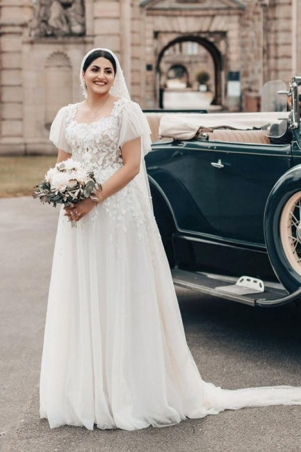 Long White Wedding Dress A Line Square Neck Tulle Lace Bridal Gown Wit suzhoufashion Long White Wedding Dress A Line Square Neck Tulle Lace Bridal Gown Wit suzhoufashion