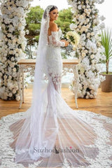 Long White Wedding Dress Mermaid Off The Shoulder Lace Glitter Bridal Gown With Long Sleeves