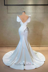 Long White Wedding Dress Mermaid Off The Shoulder Lace Satin Bridal Gown With Rhinestones
