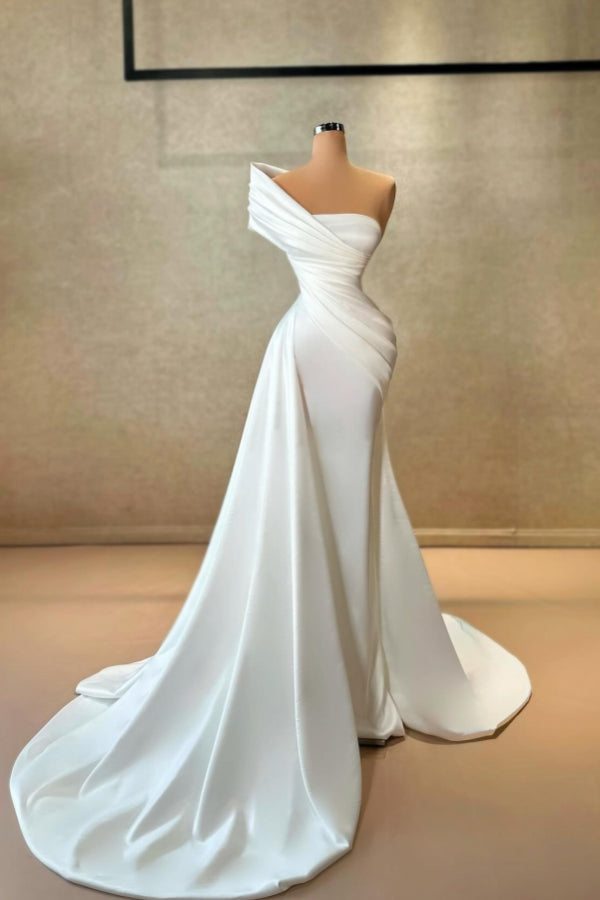 Long White Wedding Dress Mermaid One Shoulder Satin Sleeveless Bridal Gown