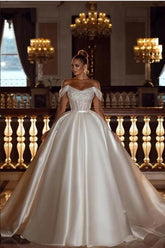 Luxurious A-Line Off-the-Shoulder Sparkly Sequins Ball Gown Beadings Wedding Dresses
