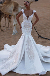 Luxurious Cap Sleeves V-Neck Ruffles Wedding Dresses | Mermaid Appliques Long Bridal Gown
