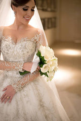 Luxurious Crystals Beading Princess Wedding Dress Long Sleeve Court Train Bridal Gown